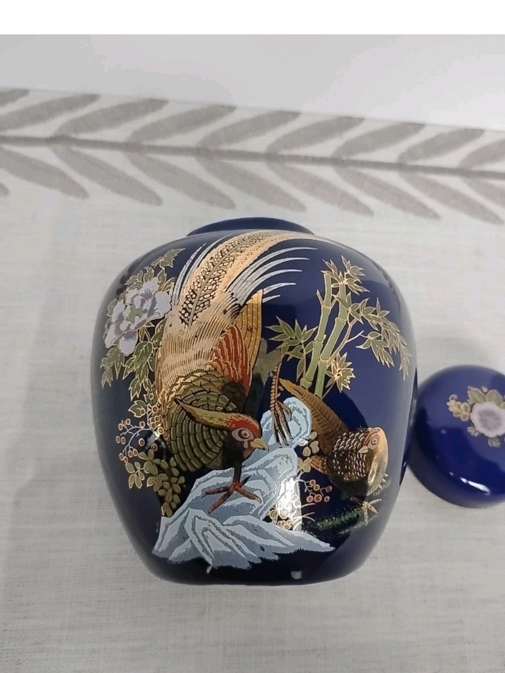 Blue Decorative Lidded Ceramic Jar with Gold Pheasant Motif